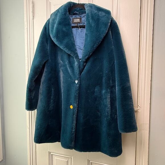 QVC Dennis Basso Faux Fur Relaxed Fit Coat Womens Large Green *Missing Buttons - Picture 1 of 13